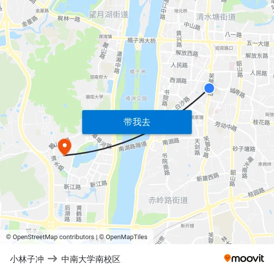 小林子冲 to 中南大学南校区 map
