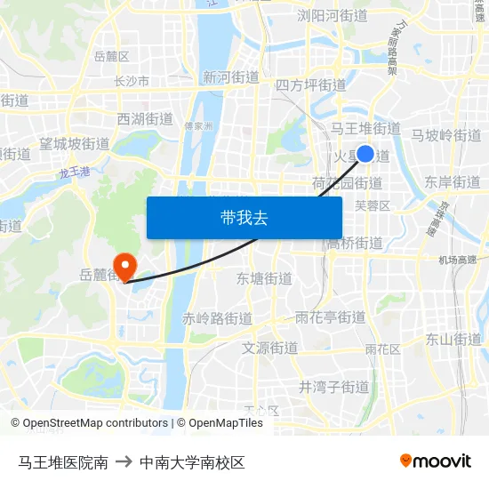 马王堆医院南 to 中南大学南校区 map