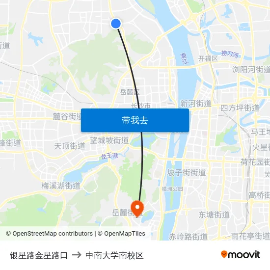 银星路金星路口 to 中南大学南校区 map