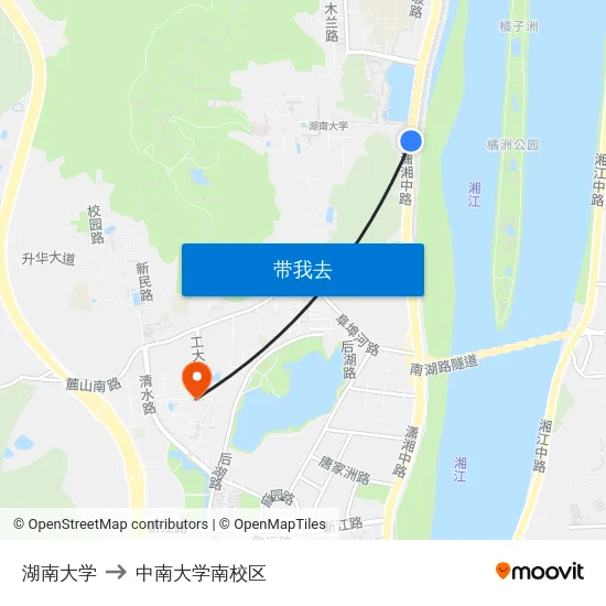 湖南大学 to 中南大学南校区 map