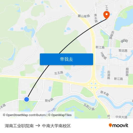 湖南工业职院南 to 中南大学南校区 map