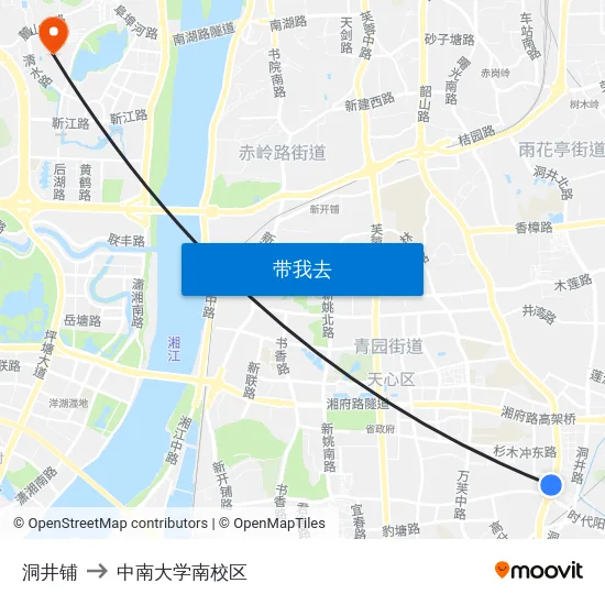 洞井铺 to 中南大学南校区 map