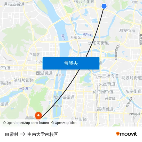 白霞村 to 中南大学南校区 map