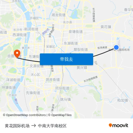 黄花国际机场 to 中南大学南校区 map