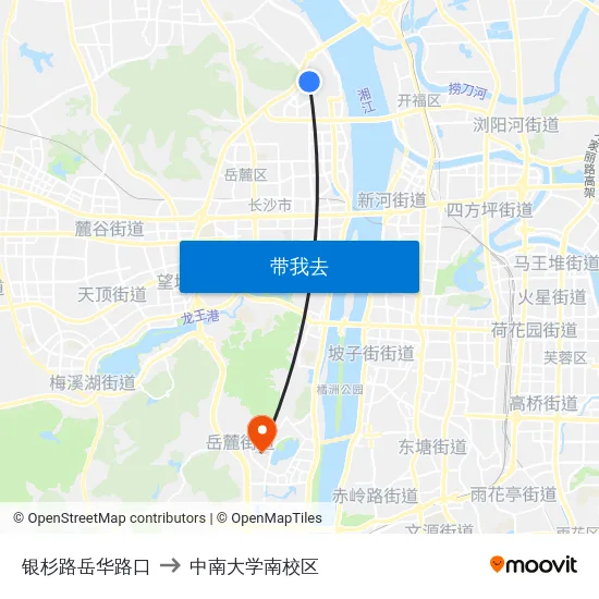 银杉路岳华路口 to 中南大学南校区 map