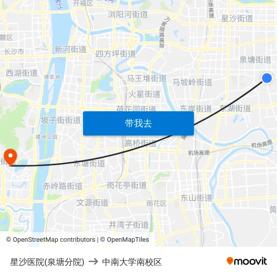 星沙医院(泉塘分院) to 中南大学南校区 map