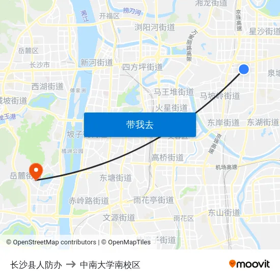 长沙县人防办 to 中南大学南校区 map