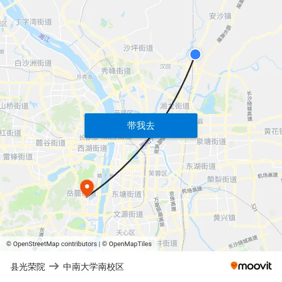 县光荣院 to 中南大学南校区 map