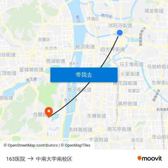 163医院 to 中南大学南校区 map