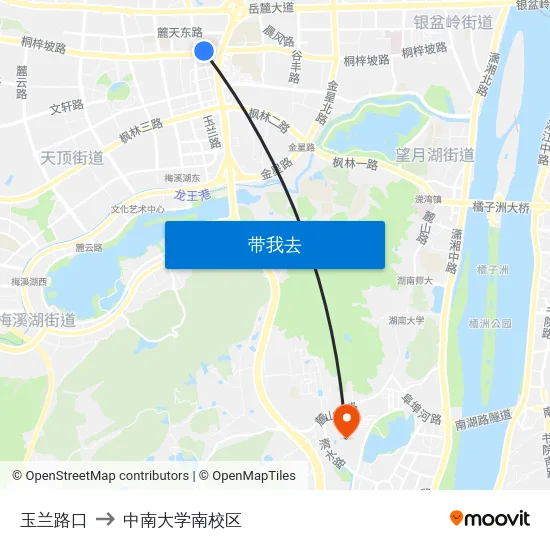 玉兰路口 to 中南大学南校区 map