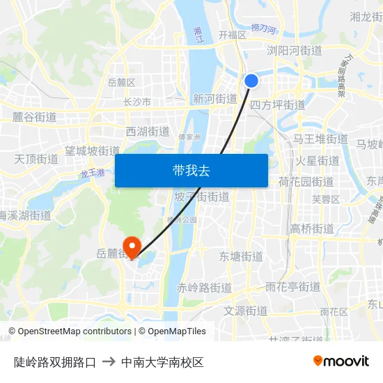 陡岭路双拥路口 to 中南大学南校区 map