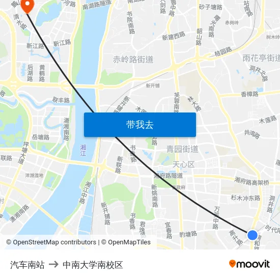 汽车南站 to 中南大学南校区 map