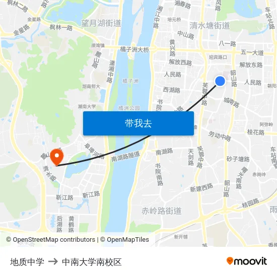 地质中学 to 中南大学南校区 map