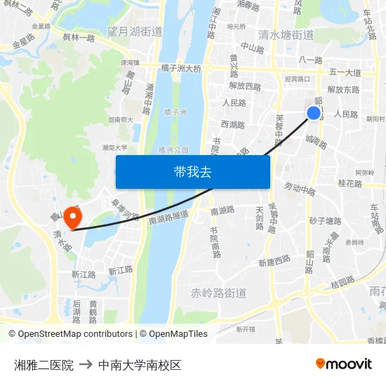湘雅二医院 to 中南大学南校区 map