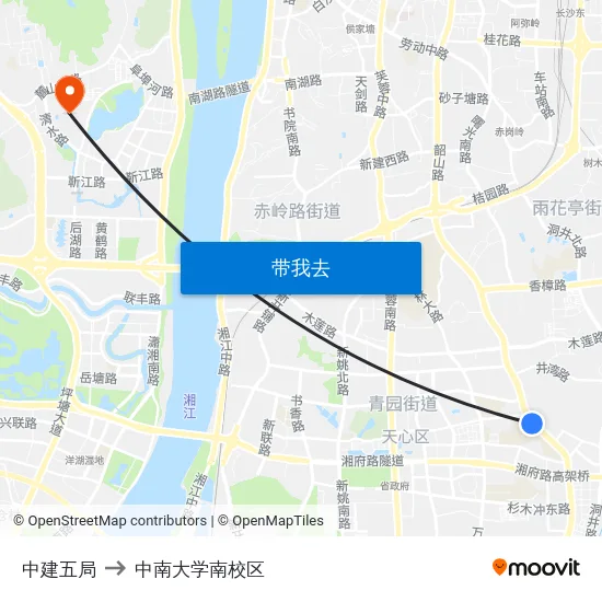 中建五局 to 中南大学南校区 map