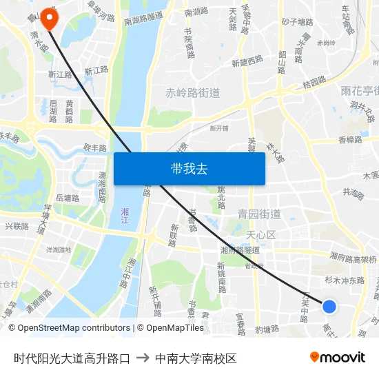 时代阳光大道高升路口 to 中南大学南校区 map