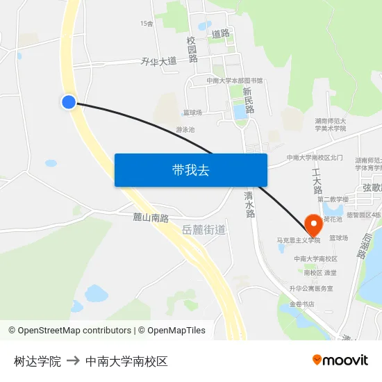 树达学院 to 中南大学南校区 map