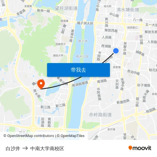 白沙井 to 中南大学南校区 map