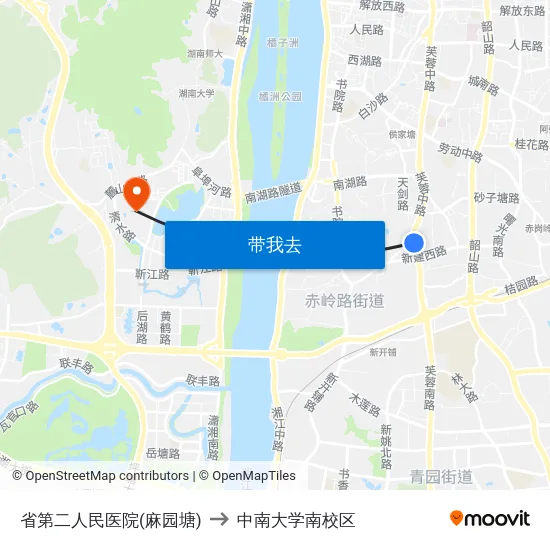 省第二人民医院(麻园塘) to 中南大学南校区 map