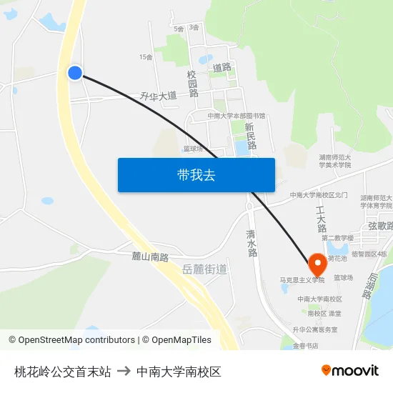 桃花岭公交首末站 to 中南大学南校区 map