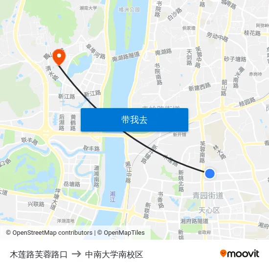 木莲路芙蓉路口 to 中南大学南校区 map