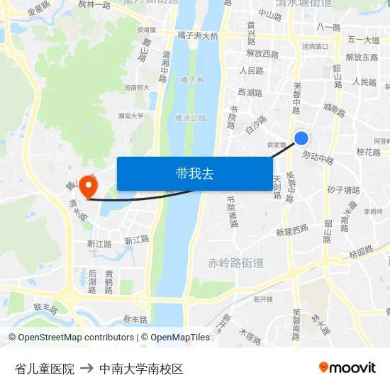 省儿童医院 to 中南大学南校区 map