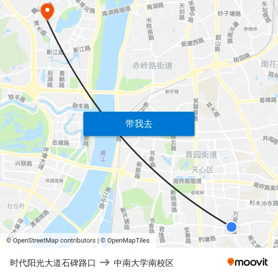 时代阳光大道石碑路口 to 中南大学南校区 map