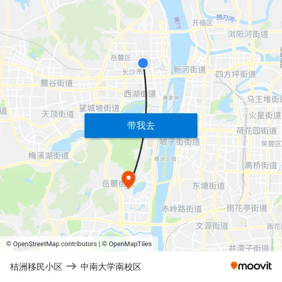桔洲移民小区 to 中南大学南校区 map