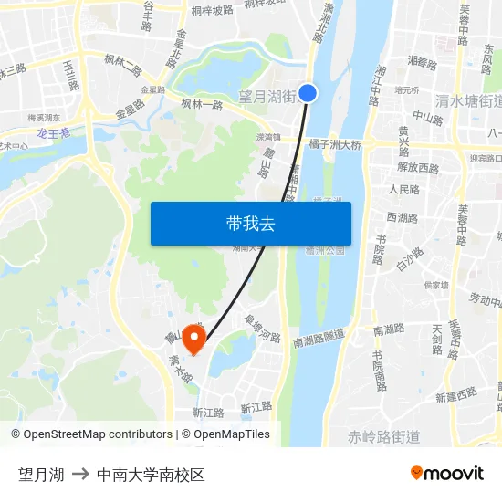 望月湖 to 中南大学南校区 map