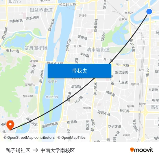 鸭子铺社区 to 中南大学南校区 map
