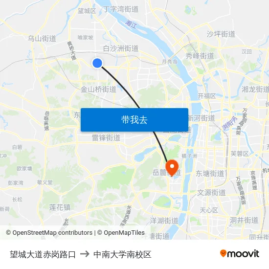 望城大道赤岗路口 to 中南大学南校区 map