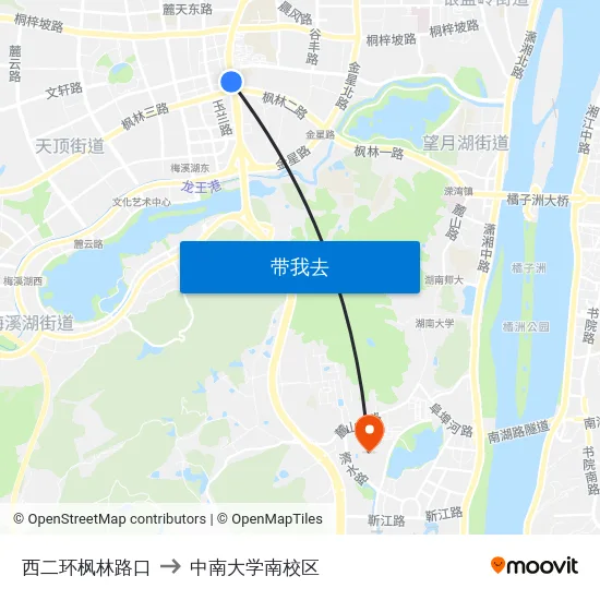 西二环枫林路口 to 中南大学南校区 map
