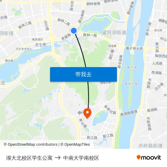 湖大北校区学生公寓 to 中南大学南校区 map