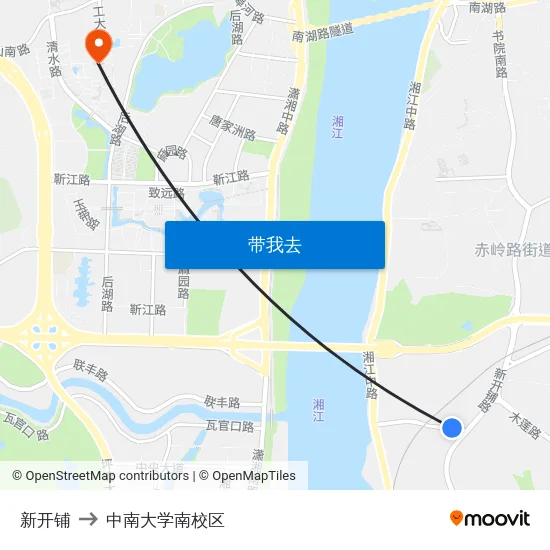 新开铺 to 中南大学南校区 map