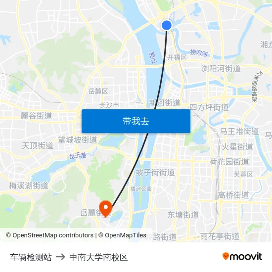 车辆检测站 to 中南大学南校区 map