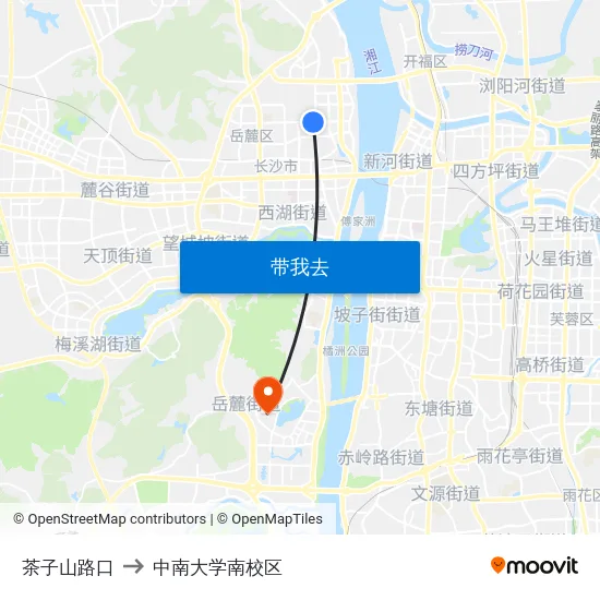 茶子山路口 to 中南大学南校区 map