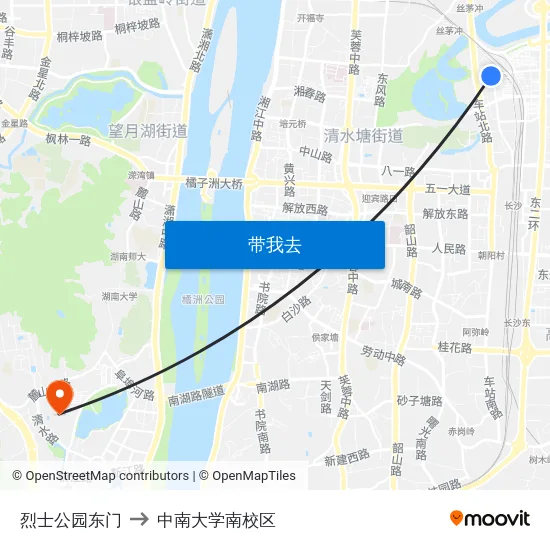 烈士公园东门 to 中南大学南校区 map