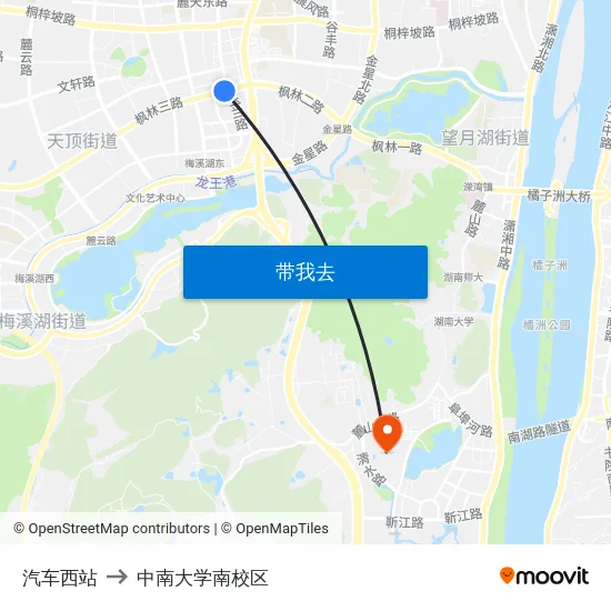 汽车西站 to 中南大学南校区 map