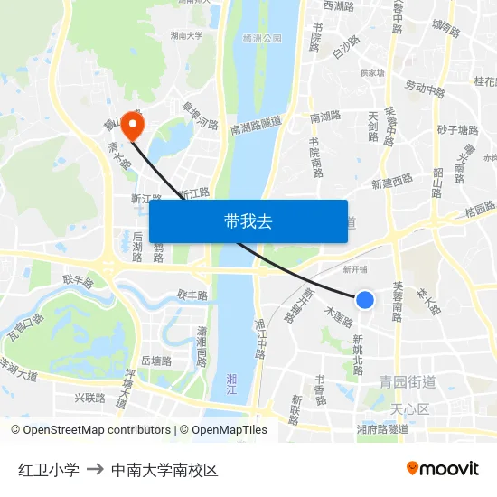 红卫小学 to 中南大学南校区 map