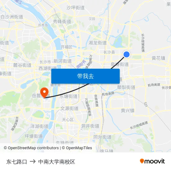 东七路口 to 中南大学南校区 map