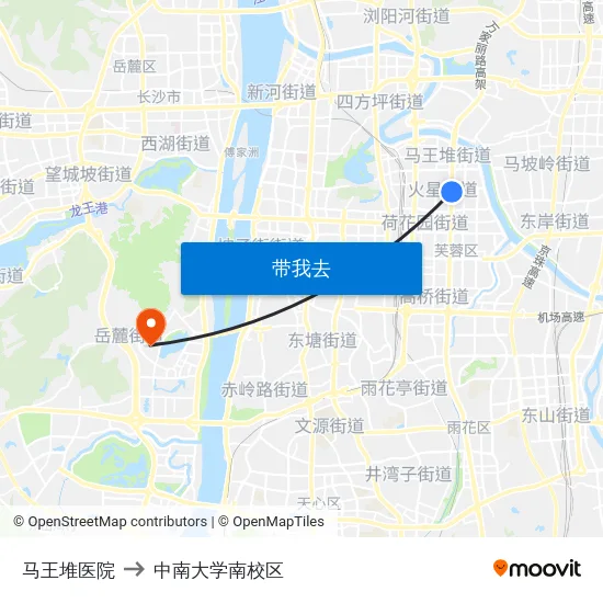 马王堆医院 to 中南大学南校区 map