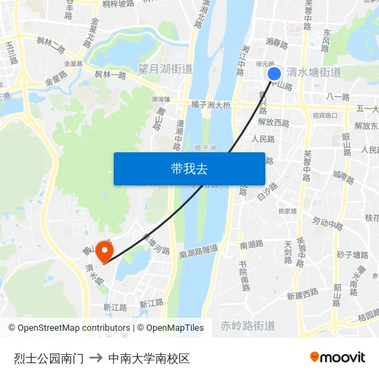 烈士公园南门 to 中南大学南校区 map