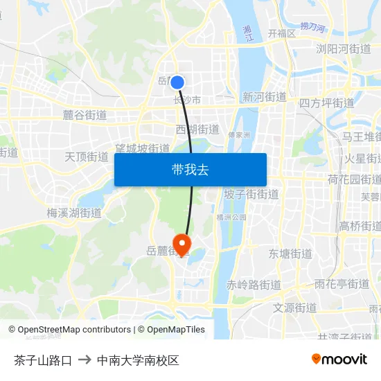茶子山路口 to 中南大学南校区 map