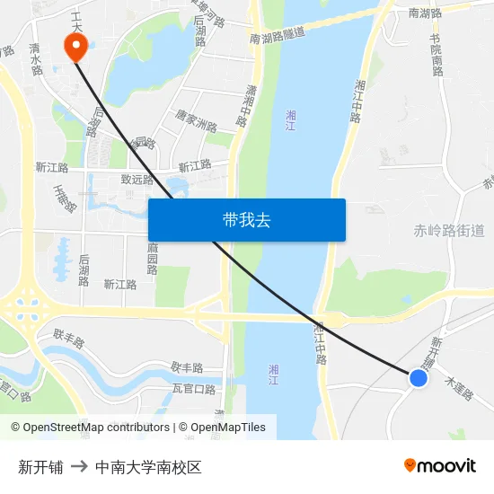 新开铺 to 中南大学南校区 map