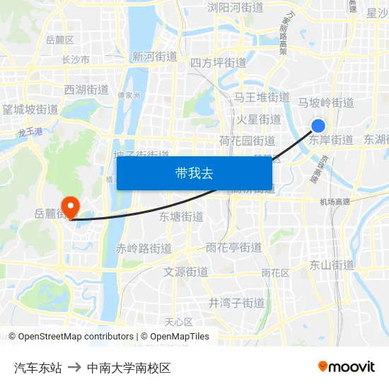 汽车东站 to 中南大学南校区 map