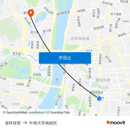 省科技馆 to 中南大学南校区 map