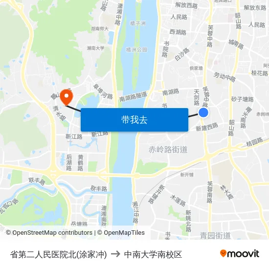 省第二人民医院北(涂家冲) to 中南大学南校区 map