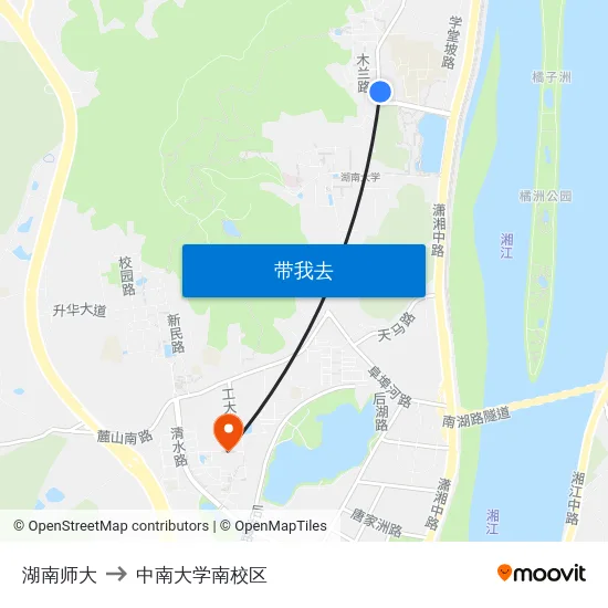 湖南师大 to 中南大学南校区 map