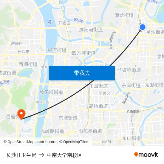 长沙县卫生局 to 中南大学南校区 map