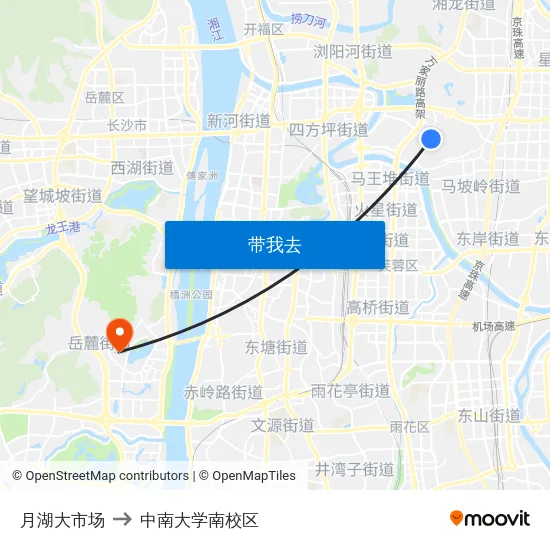 月湖大市场 to 中南大学南校区 map